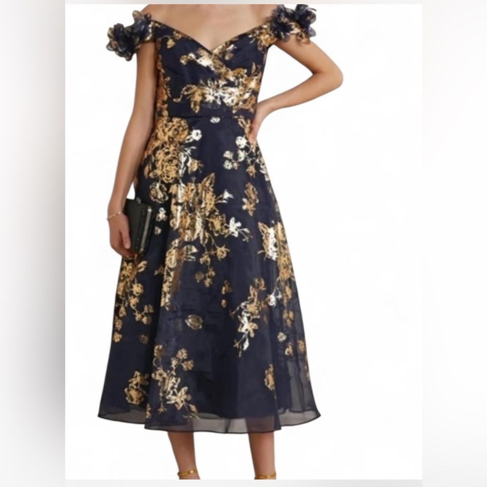 Marchesa Notte Navy and Gold Floral  Dress